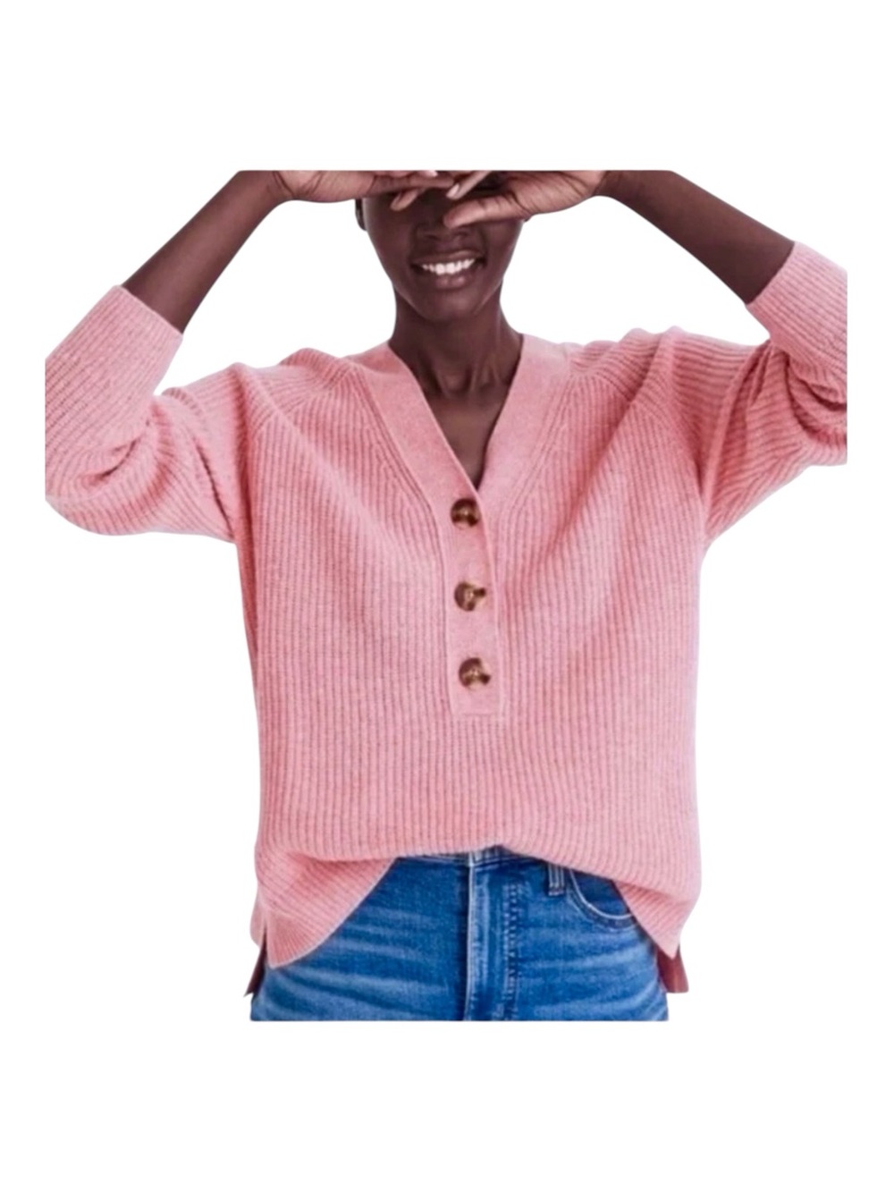 MADEWELL Lyle Henley sweater v-neck Ribbed Sz S Pink Oversized Merino Wool Blend